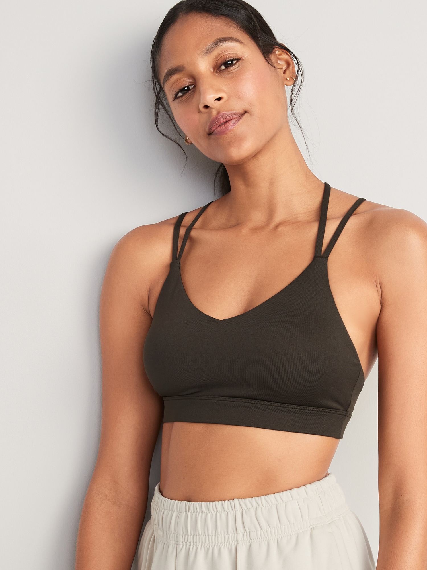 Old Navy Light Support Strappy V-Neck Sports Bra for Women brown. 1