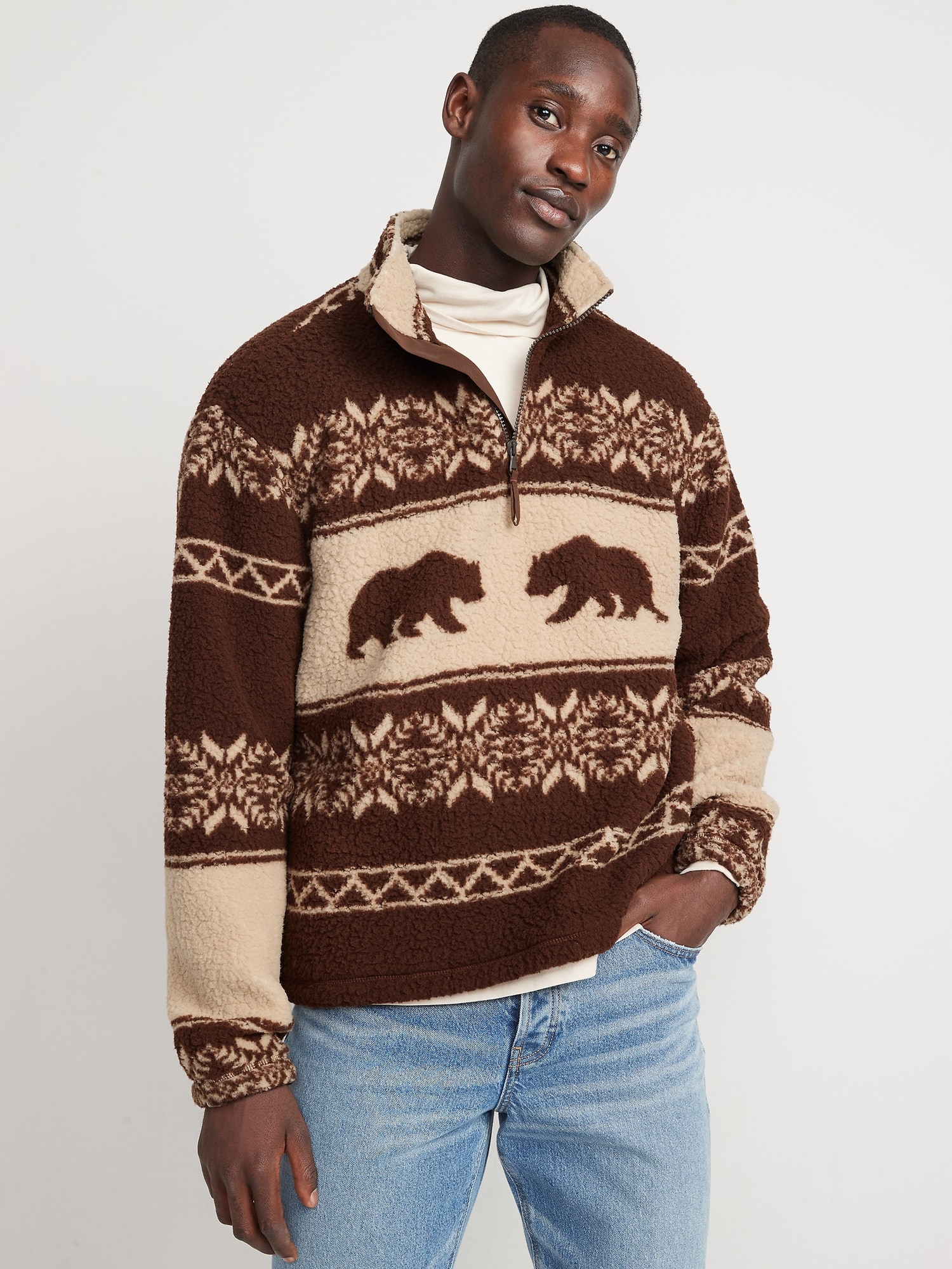 Oversized Patterned Sherpa Quarter-Zip Sweatshirt for Men | Old Navy