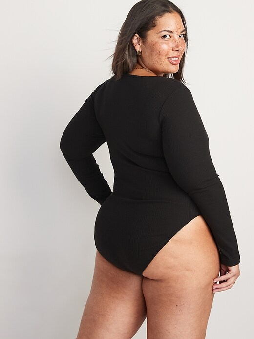 Women Ladies Plus Size O-Neck Rib-Knit Bodysuit Casual Long Sleeve Bodycon  Body Top Black XL
