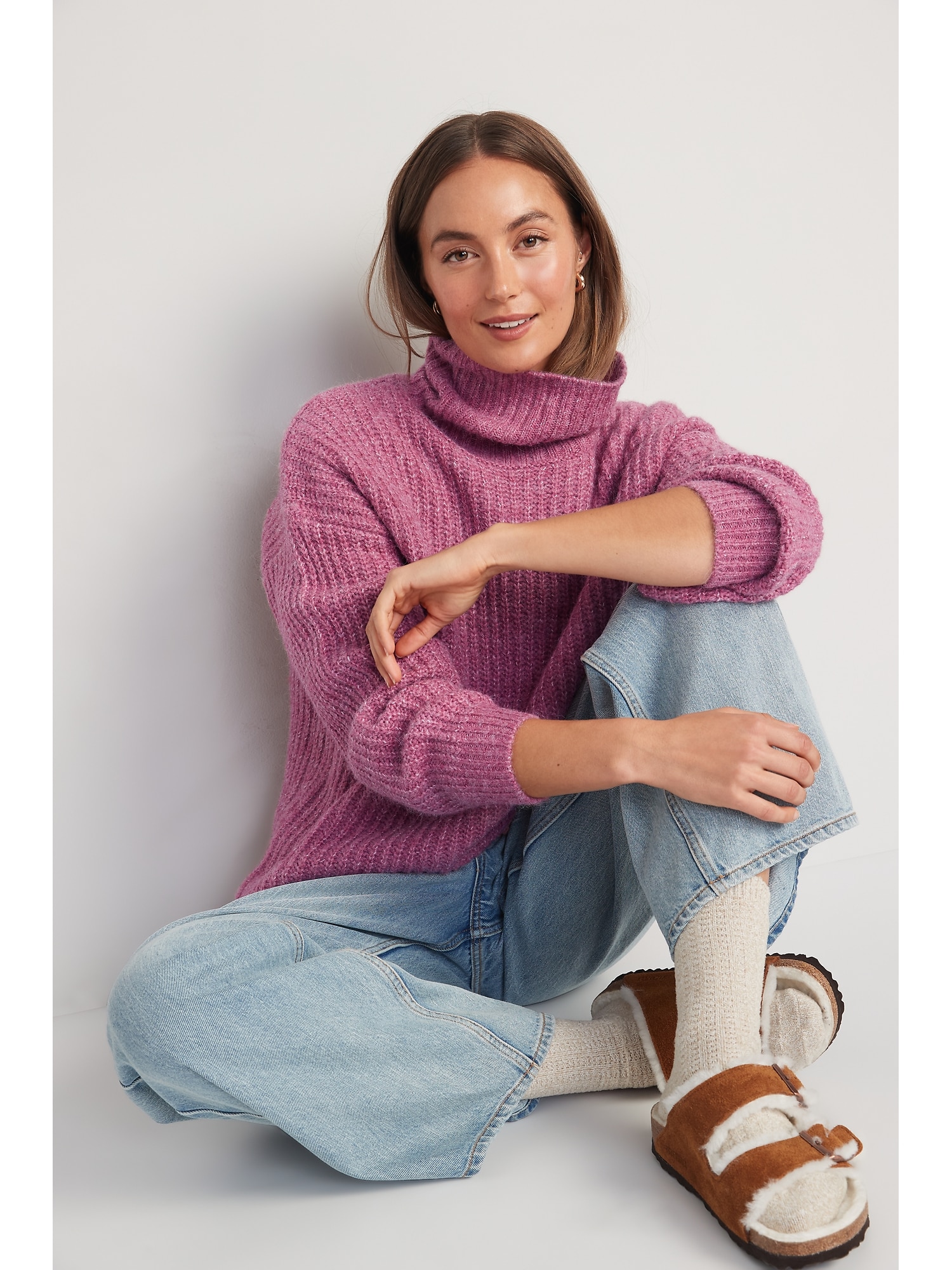 Shaker-Stitch Tunic-Length Turtleneck Sweater for Women