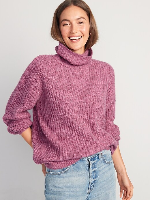 Image number 1 showing, Shaker-Stitch Tunic-Length Turtleneck Sweater for Women
