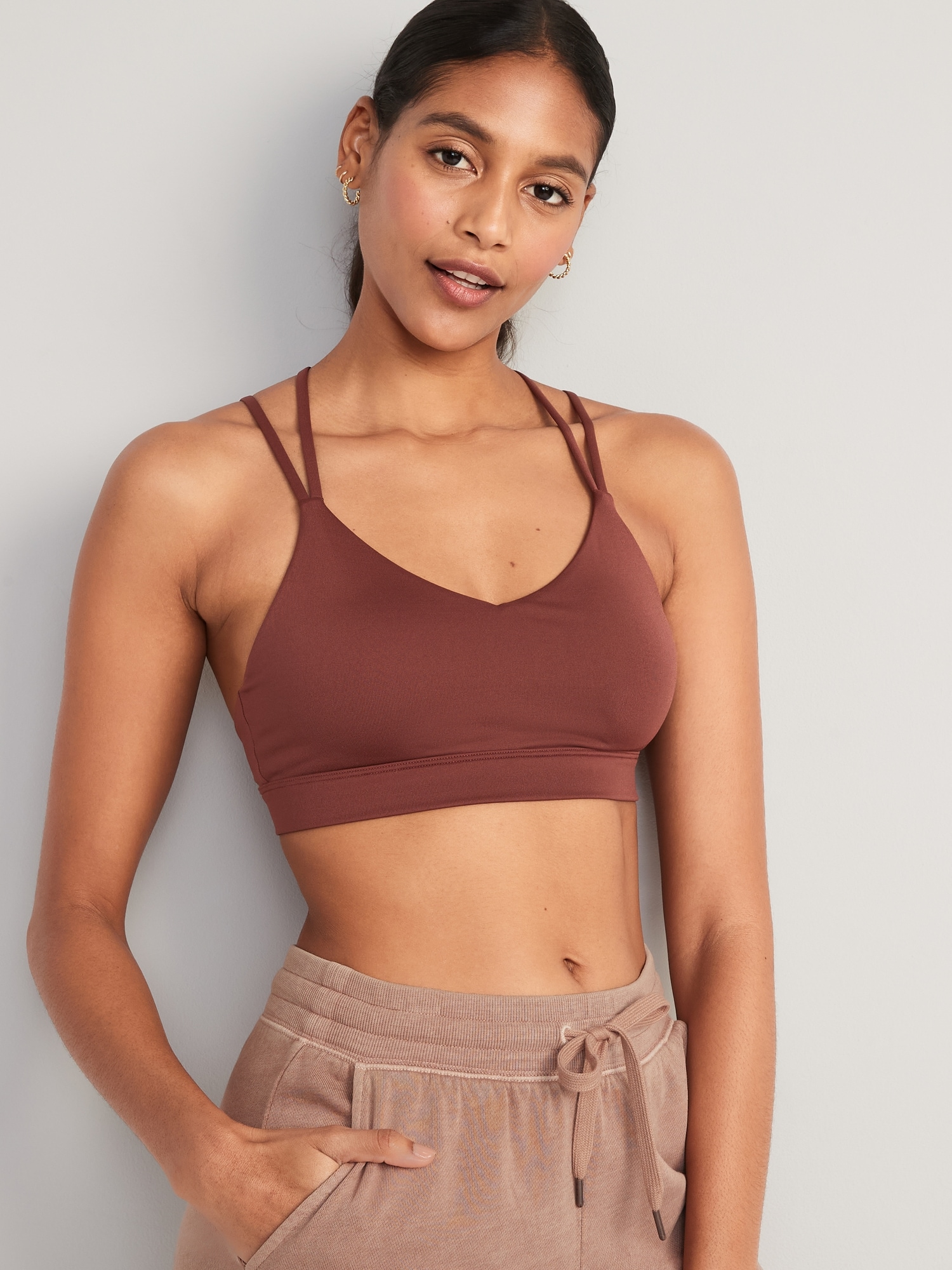 Old Navy Light Support Strappy V-Neck Sports Bra for Women brown. 1