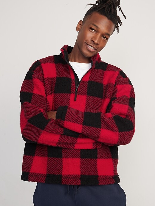 View large product image 1 of 1. Oversized Plaid Sherpa Quarter-Zip Sweatshirt for Men