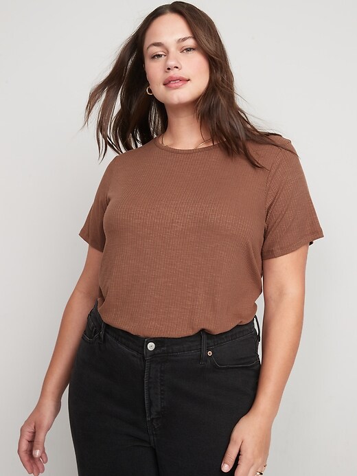 Image number 7 showing, Short-Sleeve Luxe Crew-Neck Rib-Knit T-Shirt for Women