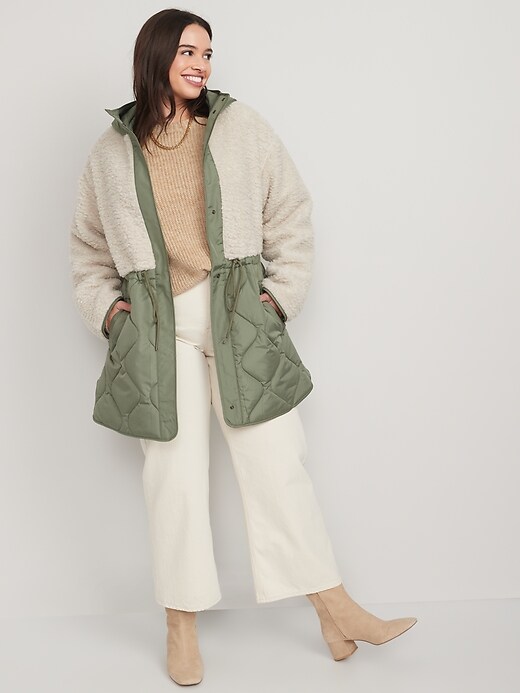 Hooded Sherpa Quilted Hybrid Coat for Women | Old Navy