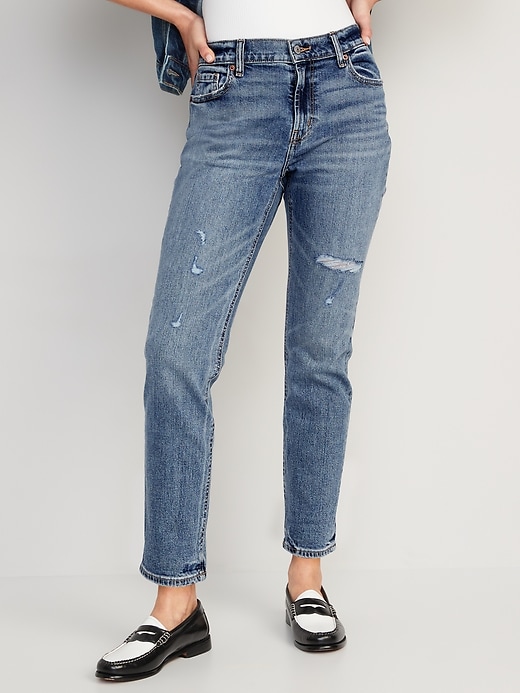 Image number 1 showing, Low-Rise Ripped Boyfriend Straight Jeans for Women
