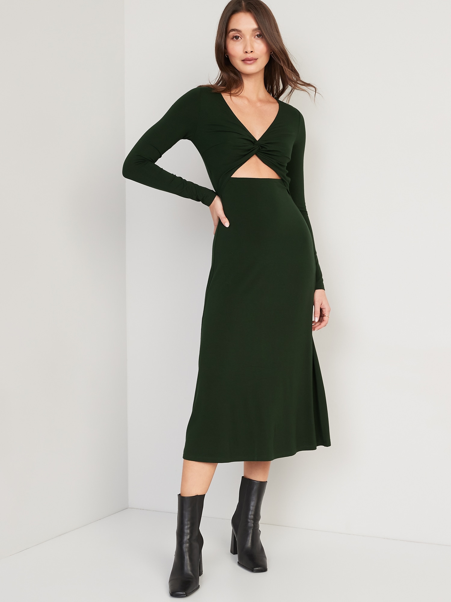 Old Navy Fit & Flare Twist-Front Cutout Midi Dress for Women green. 1