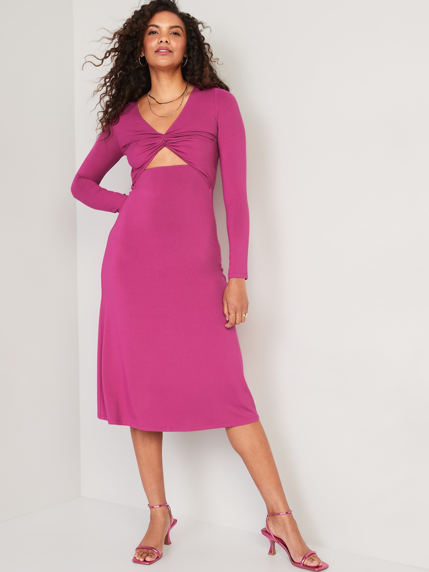 Old Navy Fit & Flare Twist-Front Cutout Midi Dress for Women pink. 1