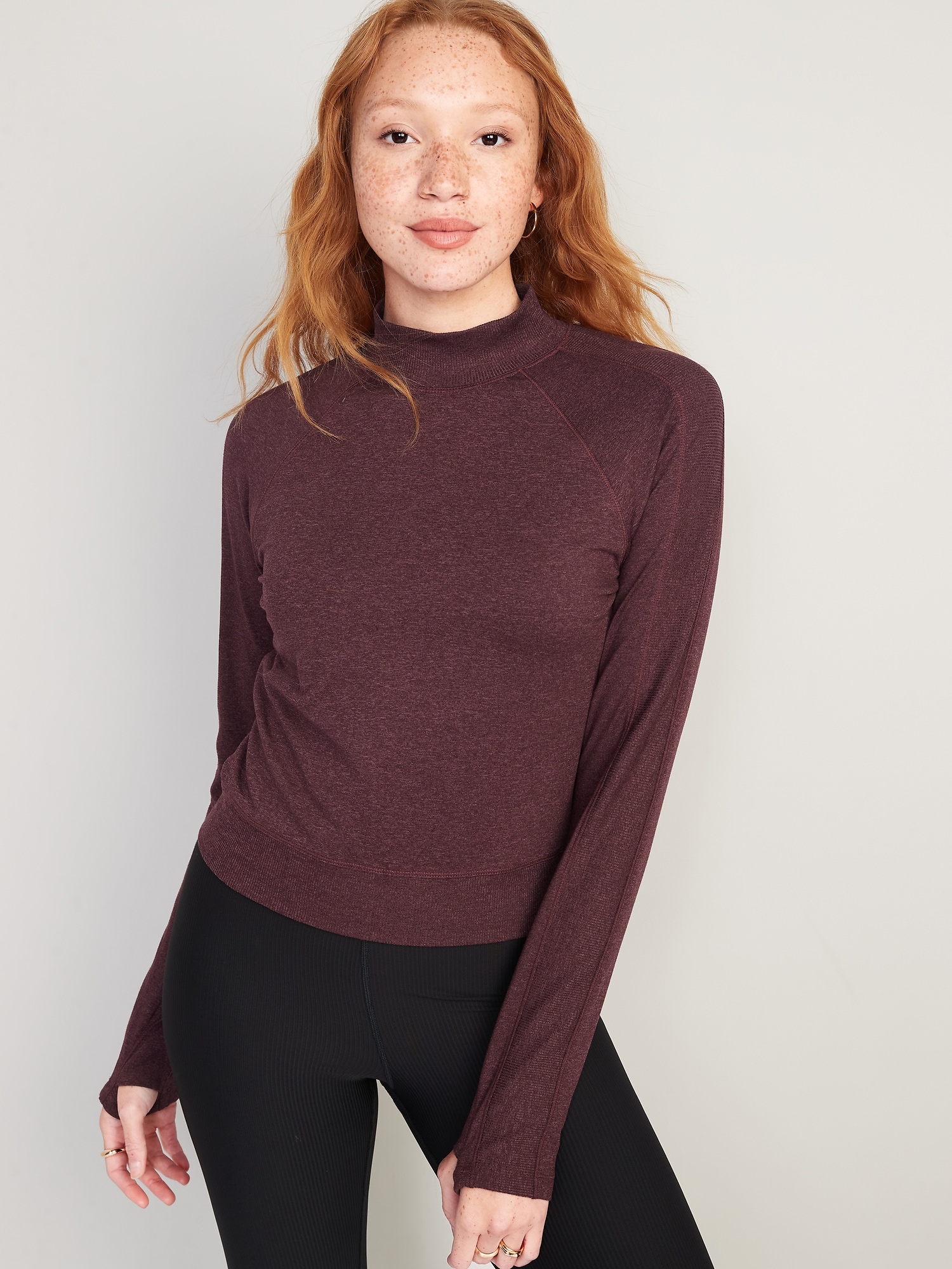 Old Navy - CozeCore Mock-Neck Cropped Rib-Paneled Top for Women red
