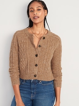 Heathered Cable Knit Cardigan Sweater for Women