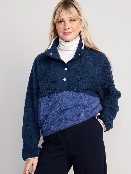 Image number 1 showing, Long-Sleeve Oversized Two-Tone Sherpa Sweatshirt