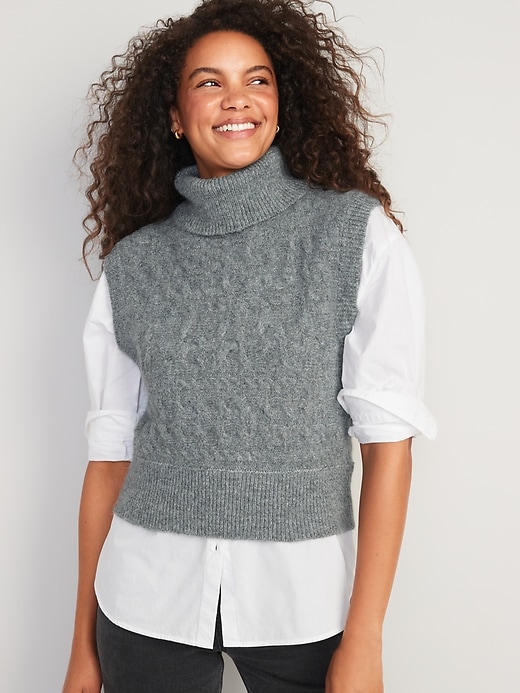 Image number 1 showing, Sleeveless Cropped Cable-Knit Turtleneck Sweater for Women