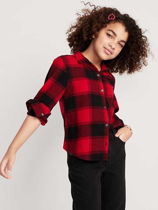 Cozy Long-Sleeve Button-Front Plaid Shirt for Girls | Old Navy