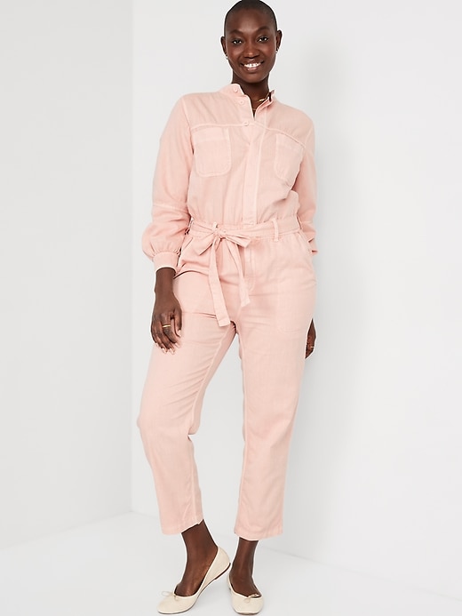 Image number 5 showing, Collarless Tie-Belt Utility Jumpsuit for Women