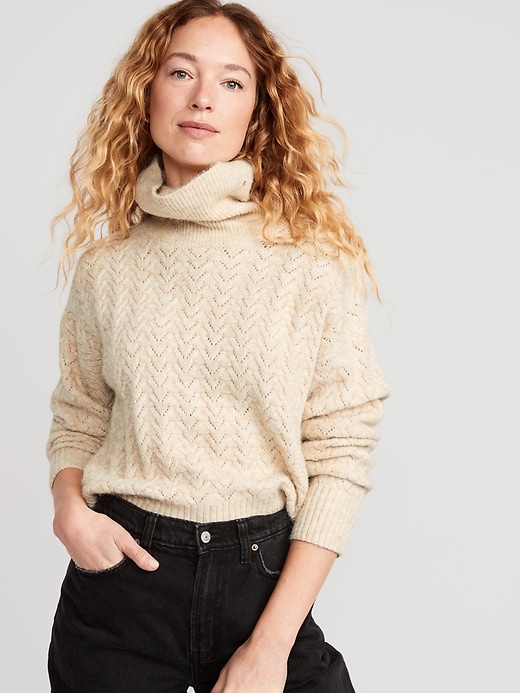 View large product image 1 of 1. Heathered Pointelle-Knit Turtleneck Sweater for Women