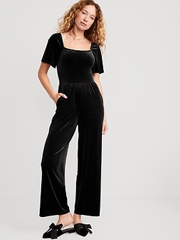 Flutter-Sleeve Velvet Jumpsuit for Women | Old Navy