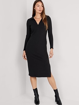 Fitted Rib-Knit Midi Polo Dress for Women