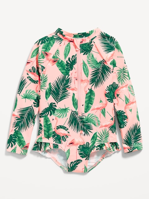Matching Ruffle-Trim One-Piece Rashguard Swimsuit for Toddler & Baby