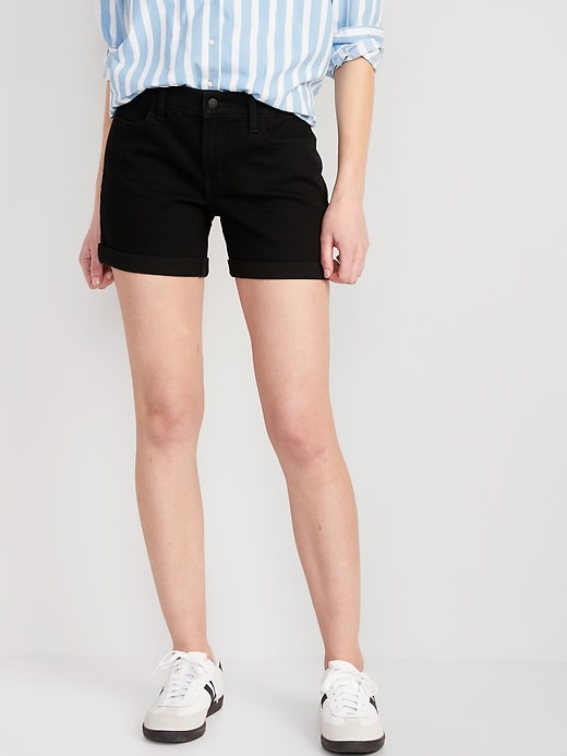 Image number 1 showing, Mid-Rise Wow Black-Wash Jean Shorts -- 5-inch inseam