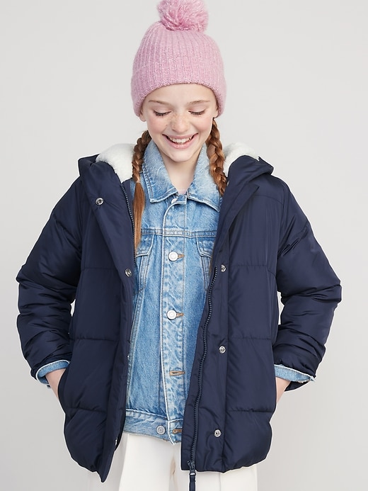 Sherpa-Lined Hooded Puffer Jacket for Girls