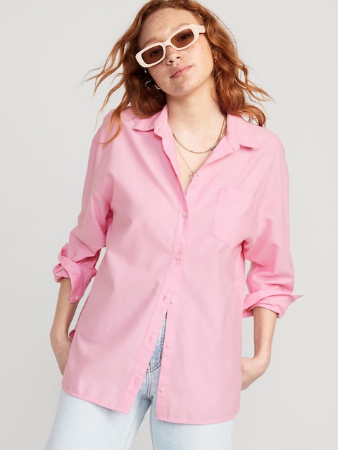 Oversized Button-Down Boyfriend Shirt - Pink