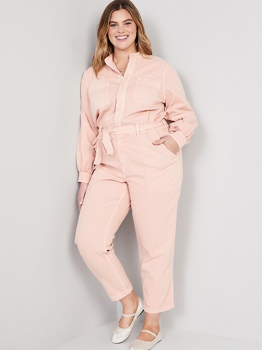Image number 7 showing, Collarless Tie-Belt Utility Jumpsuit for Women