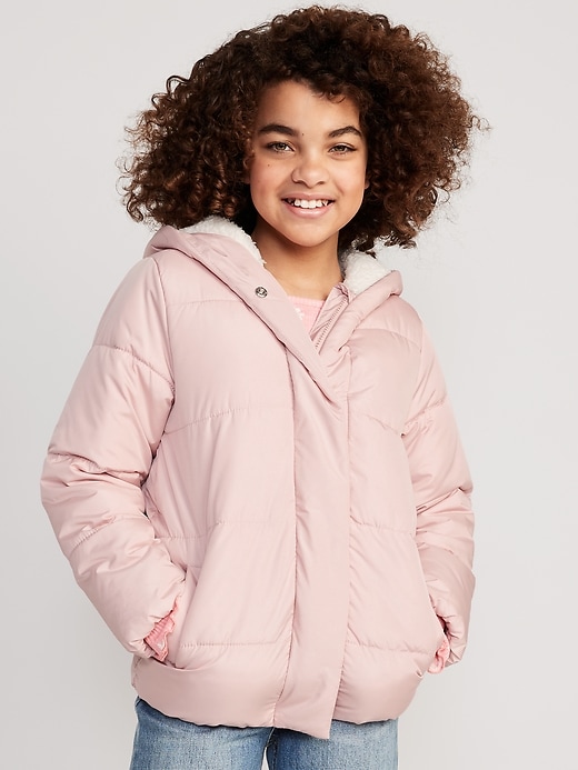 View large product image 1 of 2. Sherpa-Lined Hooded Puffer Jacket for Girls