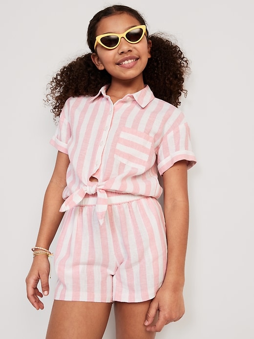View large product image 2 of 4. High-Waisted Linen-Blend Striped Shorts for Girls