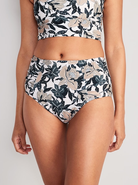 Bas de bikini à taille haute, à fronces et imprimé pour Femme - Noir À Fleurs