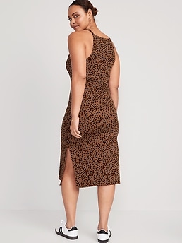 Fitted Leopard Print Sleeveless Rib Knit Midi Dress Old Navy