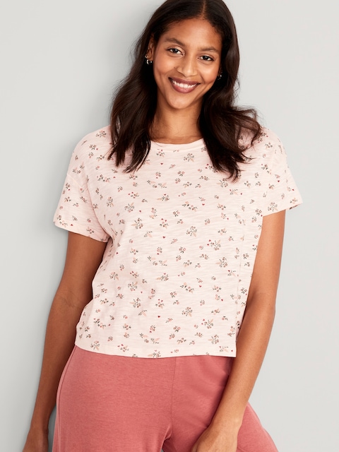 T-shirt de pyjama en tricot flammé Sunday Sleep à fleurs pour Femme - Rose