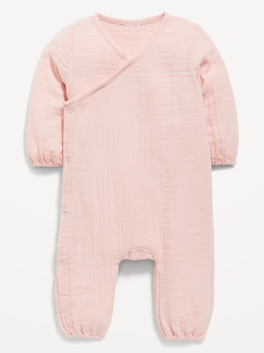 View large product image 1 of 1. Unisex Long-Sleeve Double-Weave Wrap-Front One-Piece for Baby
