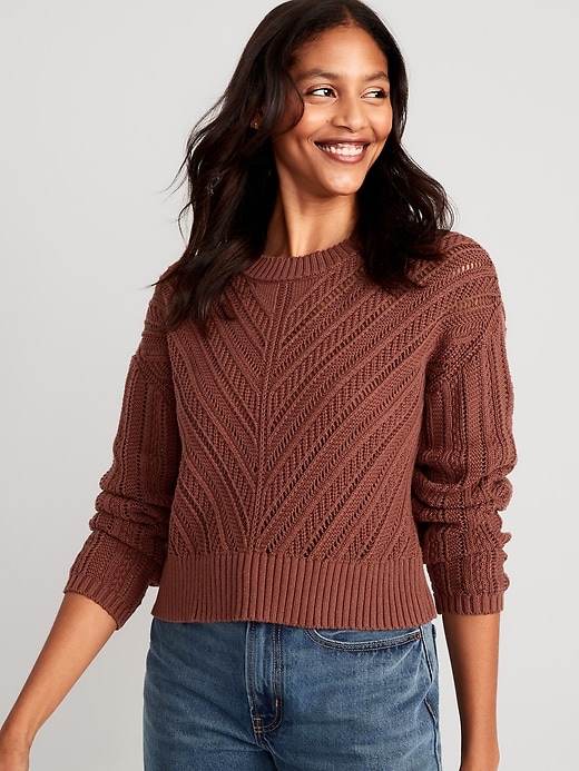 Image number 1 showing, Cropped Chevron Open-Knit Sweater for Women