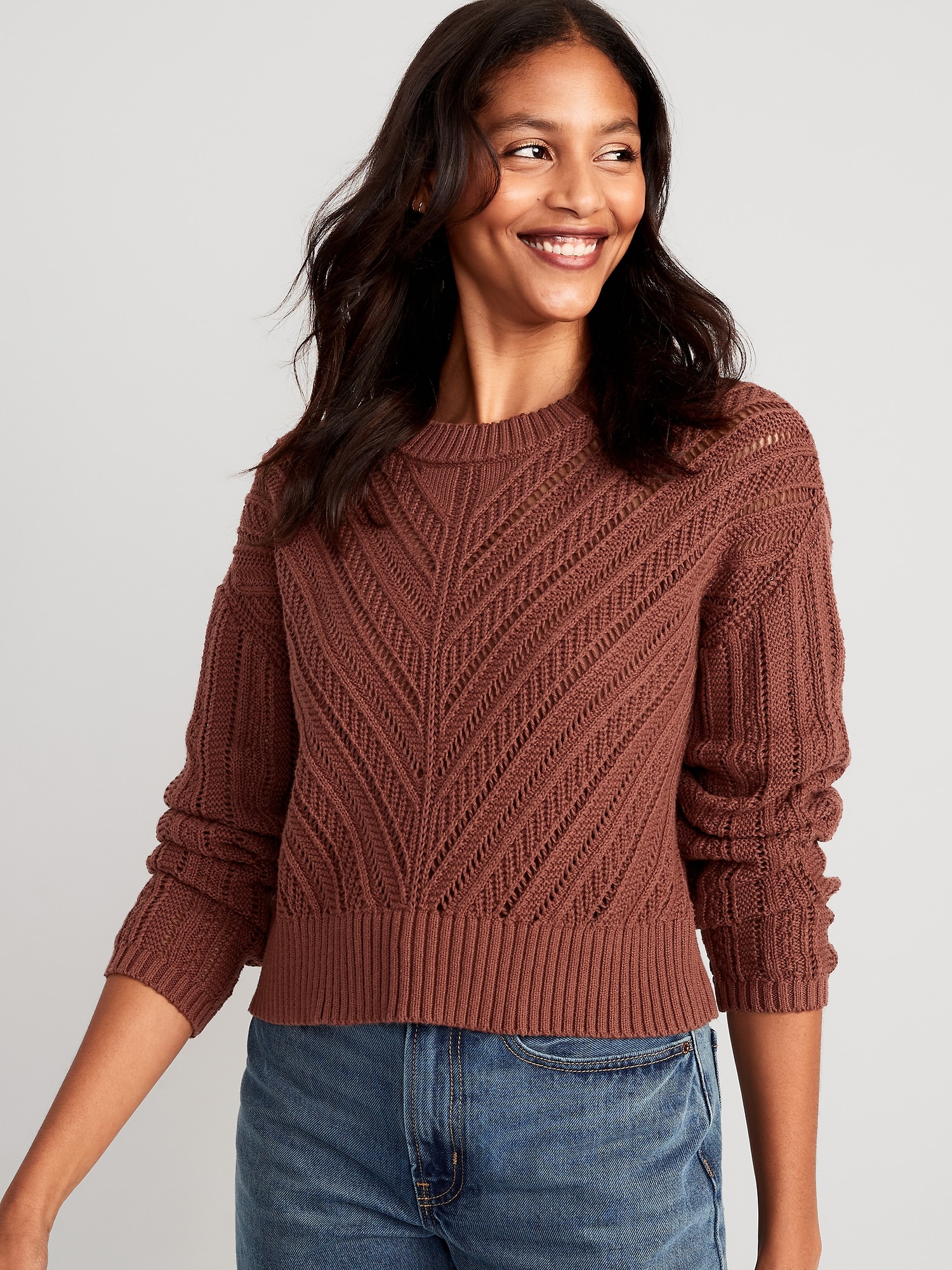 Old Navy Cropped Chevron Open-Knit Sweater for Women brown. 1