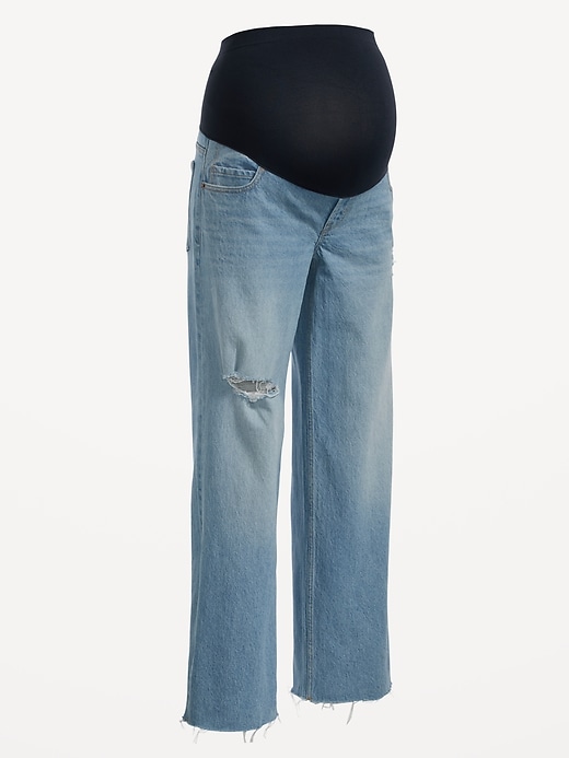 Image number 4 showing, Maternity Full-Panel Ripped Cut-Off Wide-Leg Jeans