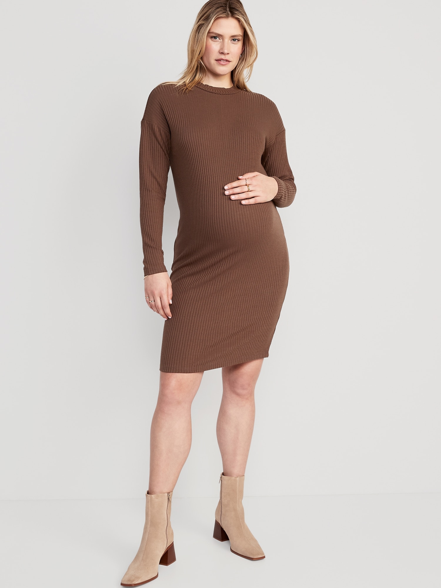 Old Navy Maternity Rib-Knit Long-Sleeve Cocoon Dress brown. 1