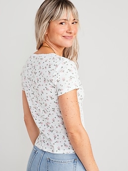 Pointelle pattern buttoned T-shirt, Contemporaine, Women's Short-Sleeve  T-shirts