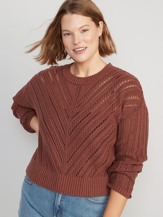 Image number 4 showing, Cropped Chevron Open-Knit Sweater for Women