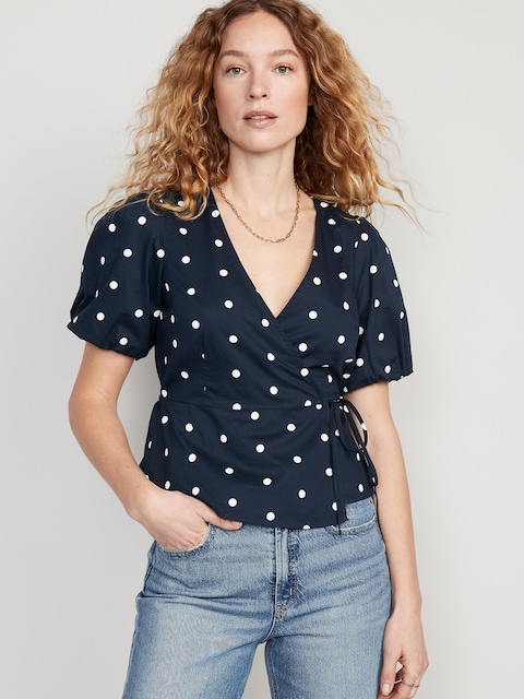 Waist-Defined Puff-Sleeve Tie-Wrap Blouse