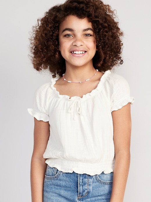 Short Puff Sleeve Smocked Double Weave Top For Girls Old Navy