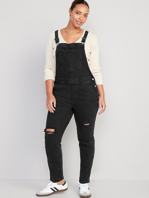 Image number 5 showing, OG Straight Black-Wash Ripped Jean Overalls for Women