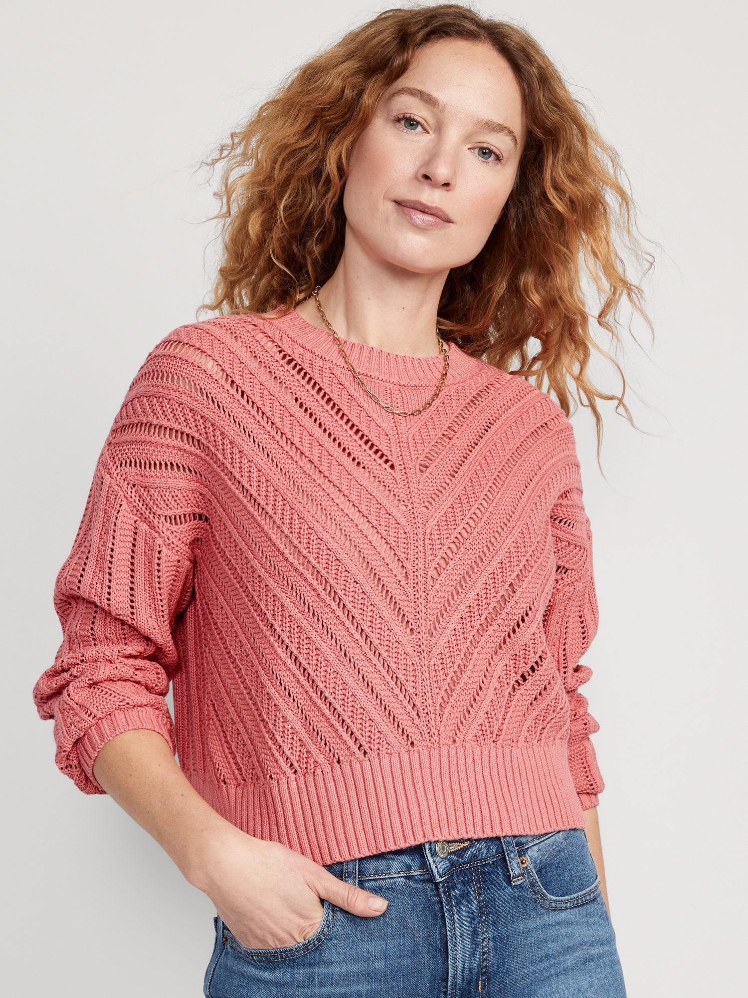 Old Navy Cropped Chevron Open-Knit Sweater for Women pink. 1