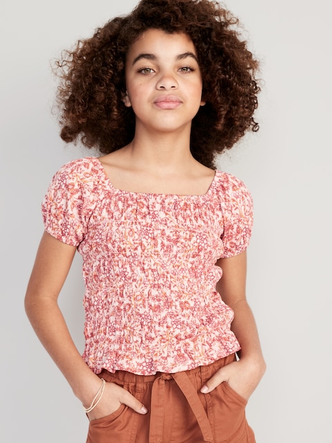 Printed Puckered-Jacquard Knit Smocked Top for Girls