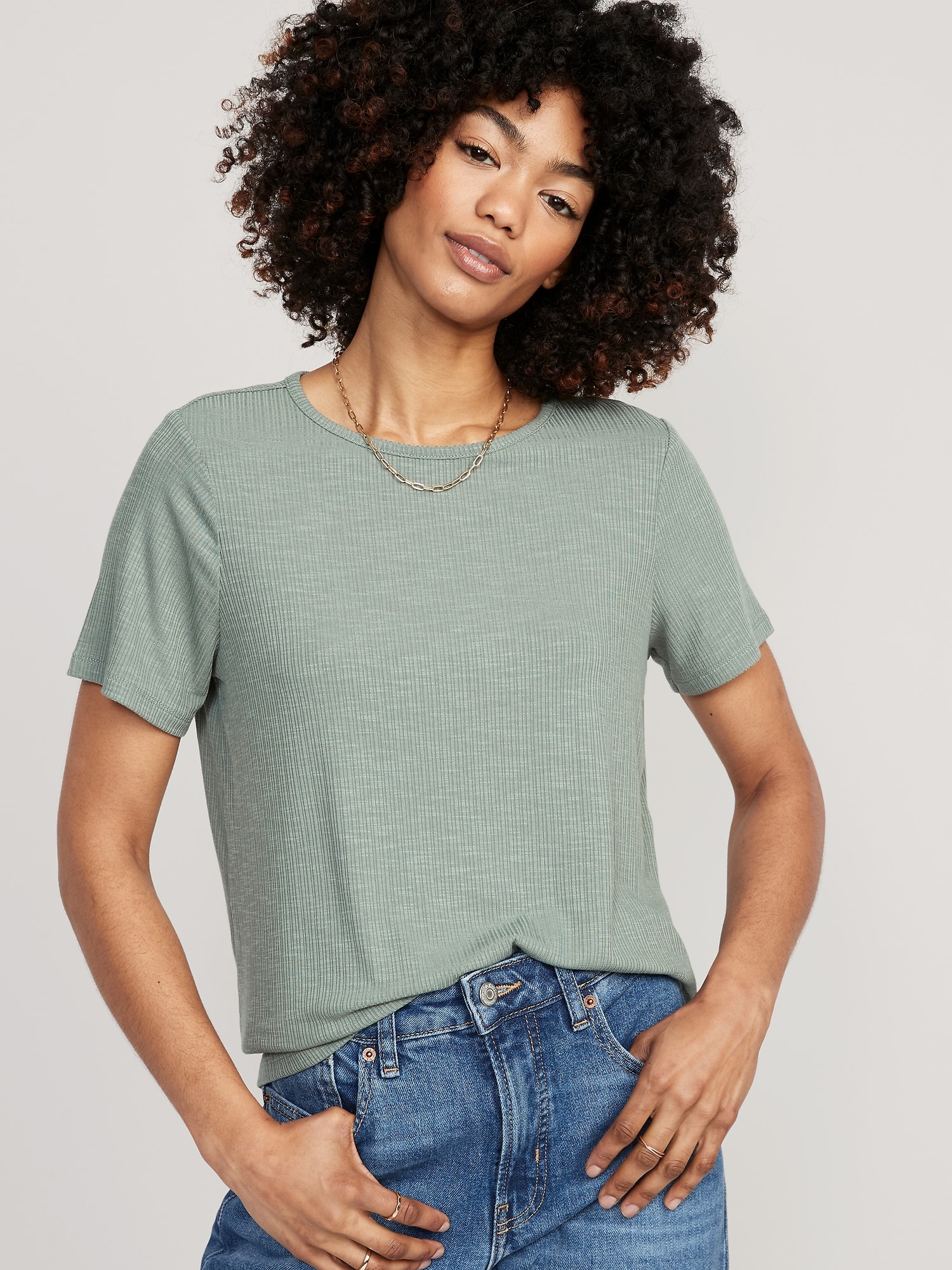 Old Navy Luxe Ribbed Slub-Knit T-Shirt for Women green. 1