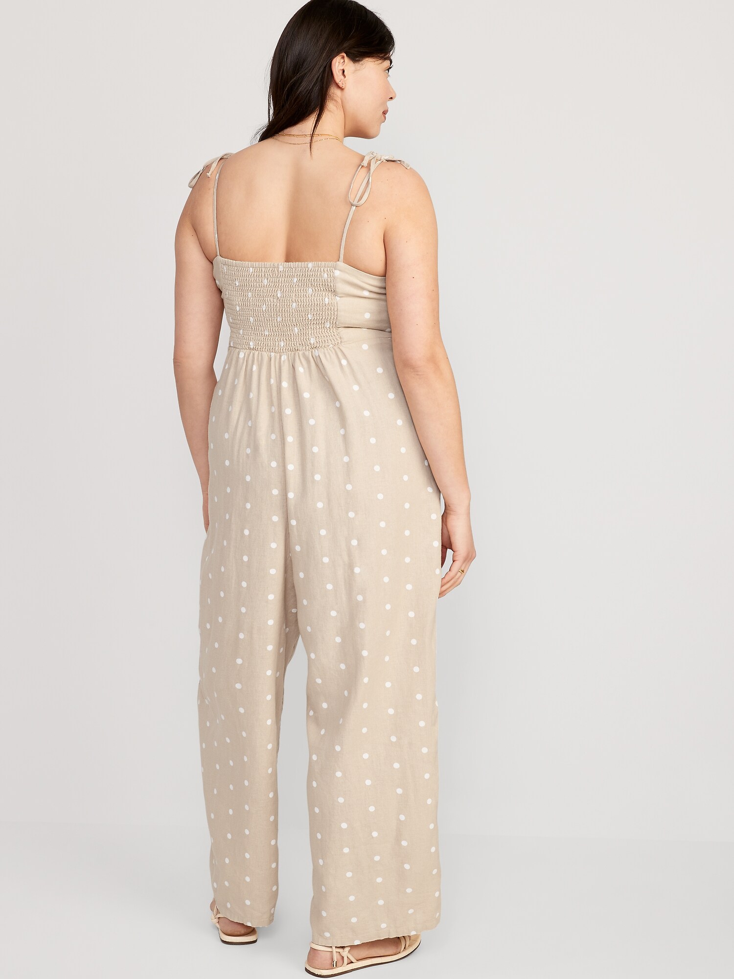 Waist-Defined Linen-Blend Cropped Smocked Cami Jumpsuit