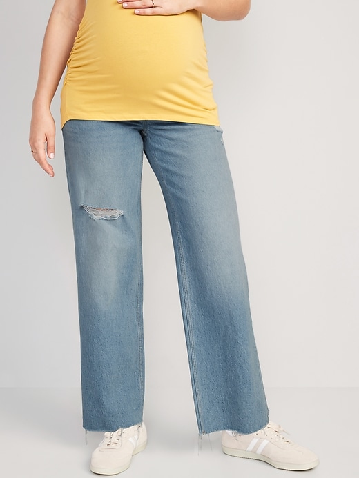 Image number 1 showing, Maternity Full-Panel Ripped Cut-Off Wide-Leg Jeans