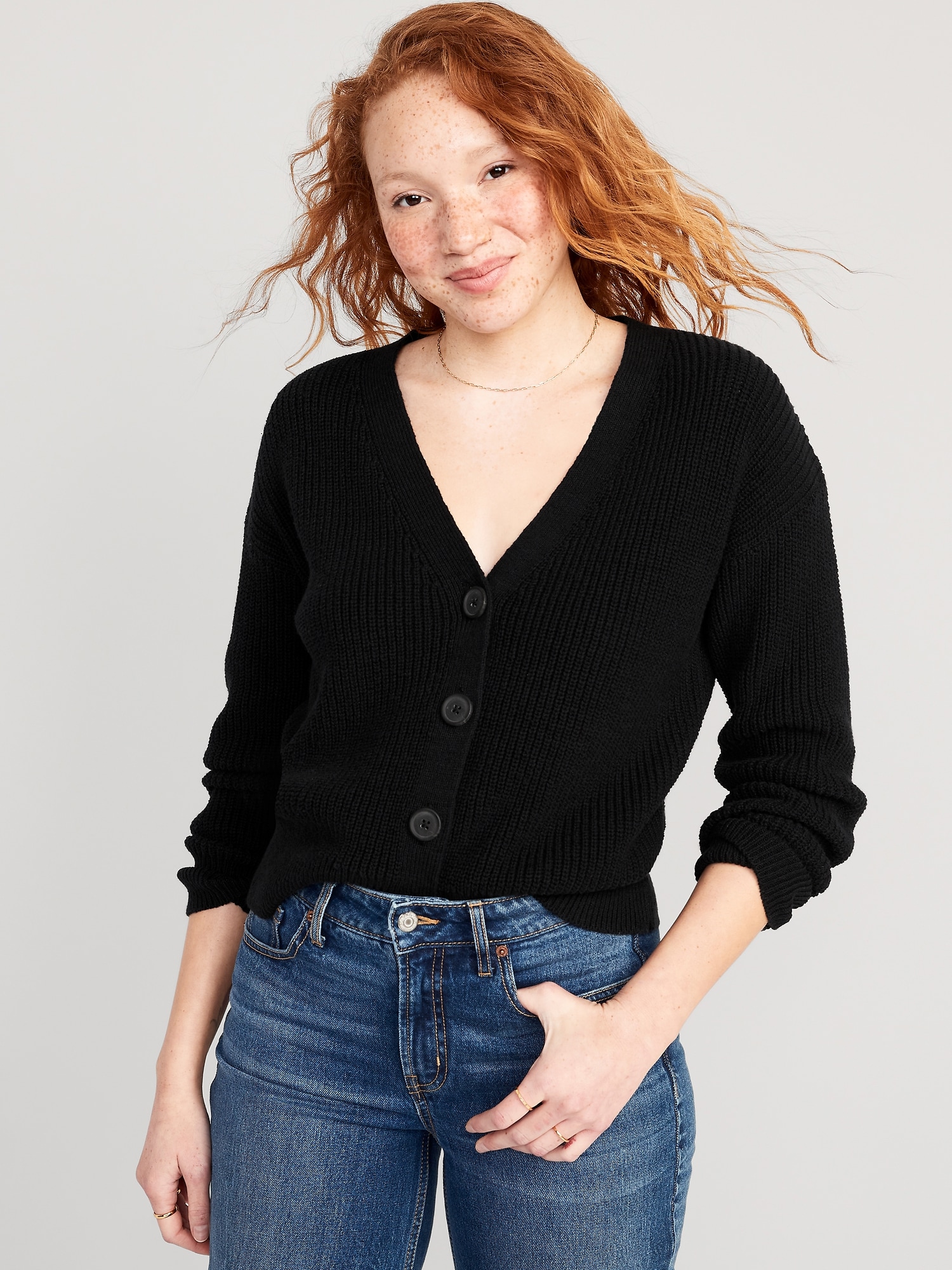 Old Navy Lightweight Cotton and Linen-Blend Shaker-Stitch Cardigan Sweater for Women black. 1