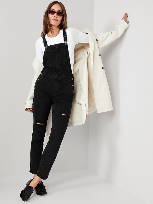 Image number 3 showing, OG Straight Black-Wash Ripped Jean Overalls for Women