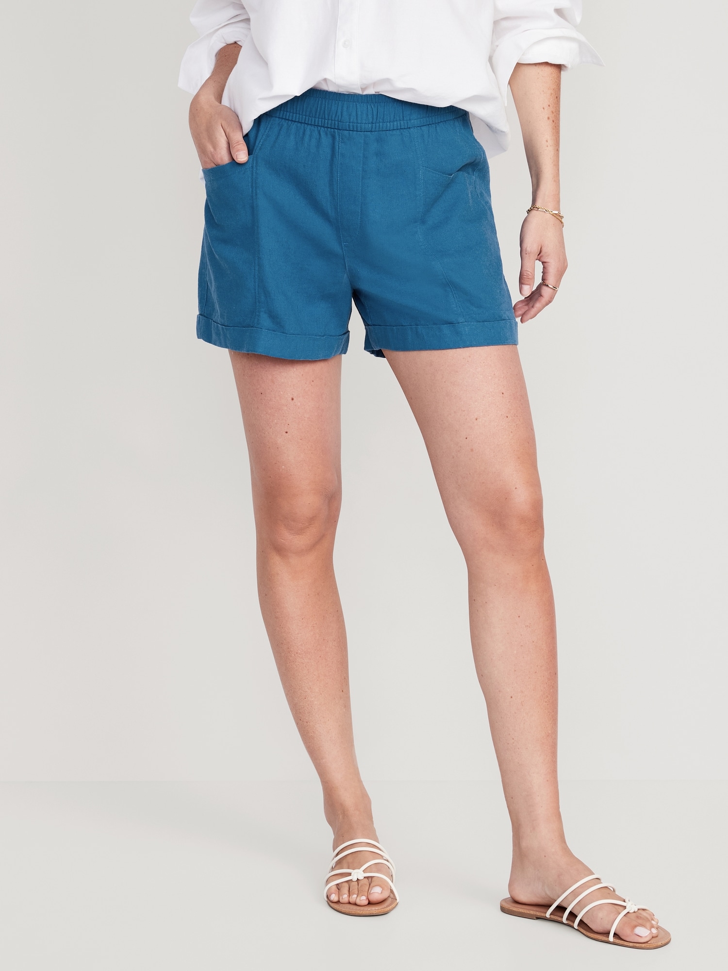 Old Navy High-Waisted Linen-Blend Utility Shorts for Women -- 3.5-inch inseam blue. 1