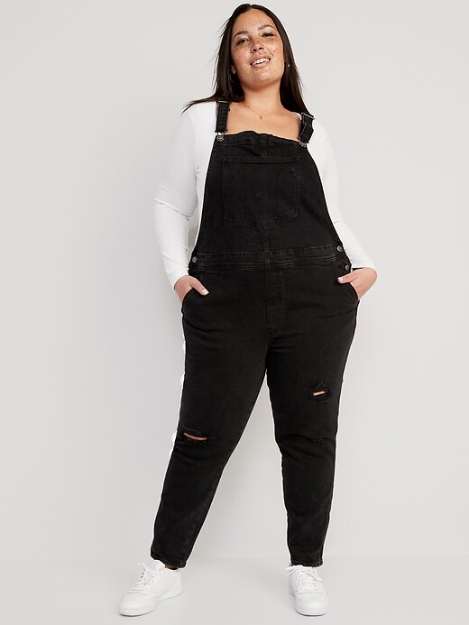 Image number 7 showing, OG Straight Black-Wash Ripped Jean Overalls for Women